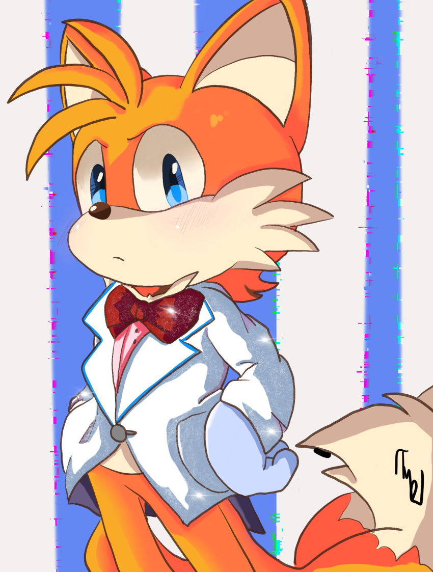 1boy artist_name blue_eyes bow bowtie closed_mouth cowboy_shot cub english_commentary formal furry furry_male gloves highres looking_at_viewer male_focus multiple_tails pillynaps red_bow red_bowtie simple_background solo sonic_(series) suit tail tails_(sonic) two_tails white_gloves