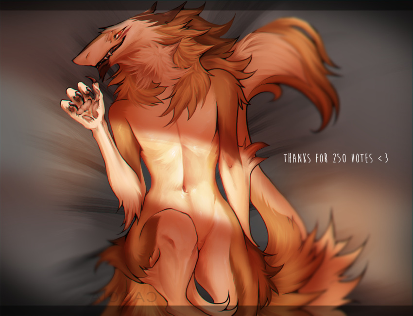 anthro brown_body brown_fur caccia female flat_chested fur lying navel northern_sergal nude on_back sergal solo tail