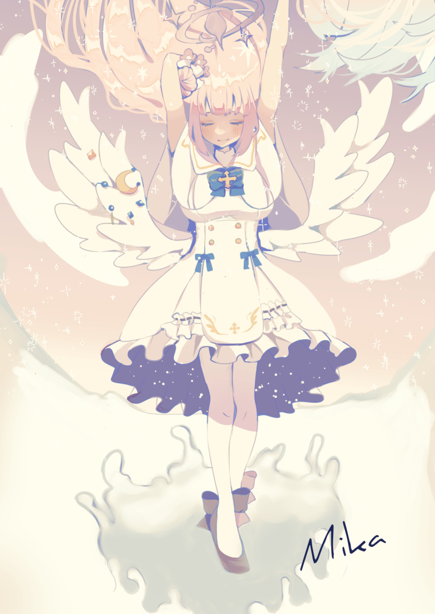 1girl arms_up black_bow blue_archive blue_bow blue_bowtie blush bow bowtie buttons capelet character_name closed_eyes closed_mouth cloud commentary_request culotte_(hosenrock) dress facing_viewer feathered_wings floating_hair flower footwear_bow frilled_dress frills full_body gradient_sky hair_bun hair_flower hair_ornament hair_ribbon halo highres long_hair low_wings mika_(blue_archive) pink_hair pink_sky print_dress ribbon single_side_bun sky sleeveless sleeveless_dress smile solo sparkle starry_sky_print straight-on underbust very_long_hair white_capelet white_dress white_ribbon white_wings wing_ornament wings