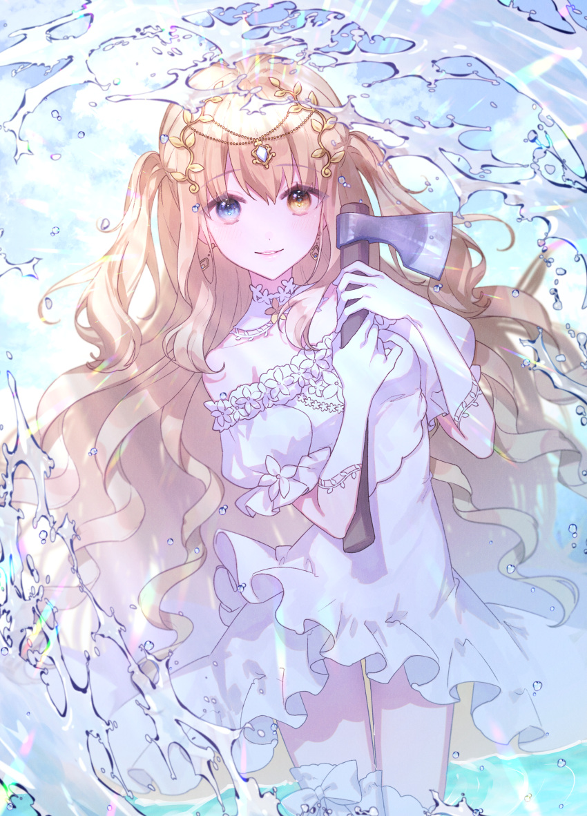 1girl absurdres axe blonde_hair blue_eyes commission dress elbow_gloves gloves heterochromia highres holding holding_axe indie_virtual_youtuber kogamino_ono long_hair nogikawa skeb_commission smile solo two_side_up virtual_youtuber white_dress white_gloves yellow_eyes