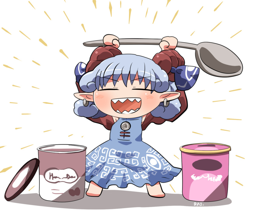 1girl barefoot blue_dress blue_ribbon blush closed_eyes dress earrings food full_body grey_hair haagen-dazs holding holding_spoon horn_ornament horn_ribbon horns ice_cream jewelry open_mouth pointy_ears red_horns red_sleeves ribbon rokugou_daisuke sharp_teeth sheep_horns short_hair signature smile solo spoon teeth touhou toutetsu_yuuma