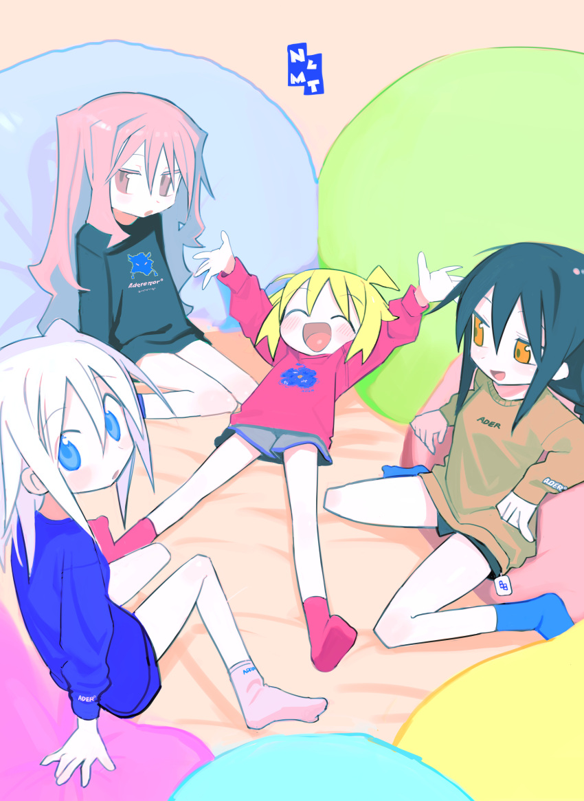 4girls :o ^_^ absurdres acronym agoshi_sakina ahoge alternate_hair_color arm_rest arms_up bed_sheet black_hair black_shorts black_sweater blonde_hair blue_eyes blue_socks blue_sweater brown_sweater closed_eyes commentary_request copyright_name grey_shorts hair_horns half-closed_eyes highres kokaki_mumose long_hair long_sleeves looking_at_another looking_at_viewer looking_back looking_to_the_side lying medium_hair multiple_girls null-meta on_back open_mouth pillow pink_eyes pink_hair pink_socks print_sweater red_socks red_sweater shorts sitting smile socks souen_chiaki sweater takada_shiyuki uozumi_kurumi wariza white_hair yellow_eyes