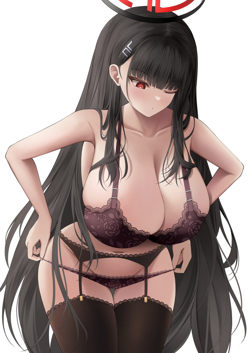 1girl absurdres alternate_legwear black_bra black_hair blue_archive bra breasts garter_belt gintokyhenry highres huge_breasts large_breasts one_eye_closed rio_(blue_archive) solo taking_off thighhighs underwear white_background