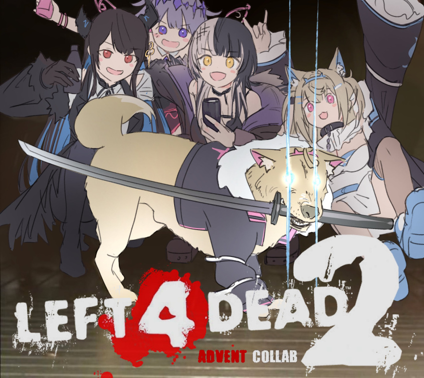 4girls \n/ animal_ear_fluff animal_ears arm_up black_hair black_jacket blue_footwear blush_stickers can commentary dog fuwawa_abyssgard highres holding holding_can holoadvent hololive hololive_english hyde_(tabakko) jacket katana koseki_bijou left_4_dead_2 long_hair long_sleeves looking_at_viewer mococo_abyssgard mouth_hold multiple_girls nerissa_ravencroft open_mouth pink_eyes purple_eyes purple_hair red_eyes shiori_novella shoes short_hair smile sword weapon white_hair yellow_eyes