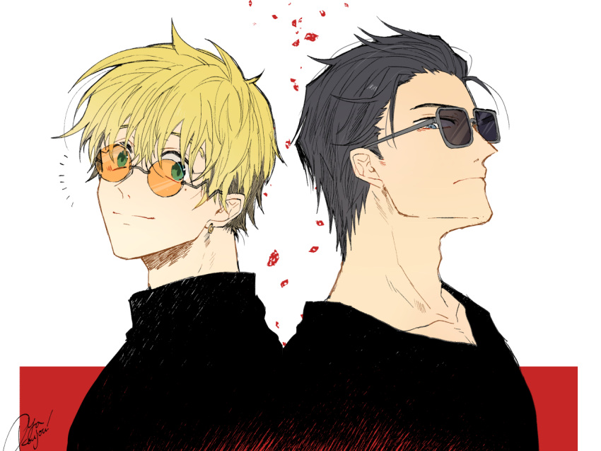 2boys black_eyes black_hair black_shirt blonde_hair closed_mouth collarbone earrings glasses hair_slicked_back jewelry looking_at_viewer male_focus meltdown0802 mole mole_under_eye multiple_boys orange-tinted_eyewear round_eyewear shirt short_hair single_earring smile sunglasses tinted_eyewear trigun trigun_stampede upper_body vash_the_stampede white_background