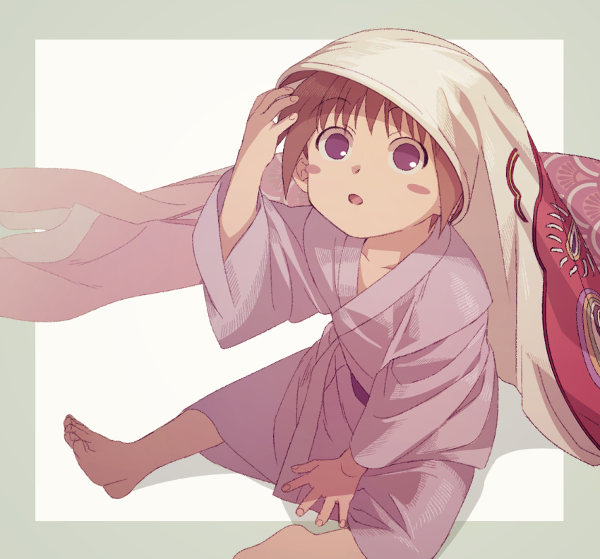 1boy aged_down barefoot brown_hair child feet_out_of_frame from_above hand_on_own_head hand_up koinobori long_sleeves looking_at_viewer looking_up male_child male_focus okurase outside_border purple_eyes rurouni_kenshin sash seta_soujirou shadow short_hair simple_background sitting solo white_background windsock