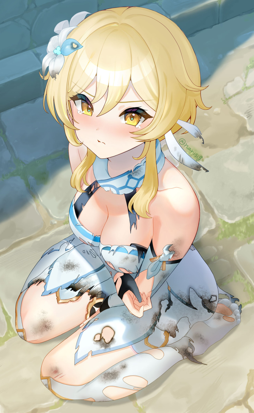 1girl bare_shoulders blonde_hair blush breasts cleavage commentary_request dirty dirty_clothes dress feet flower genshin_impact hair_flower hair_ornament highres looking_at_viewer lumine_(genshin_impact) medium_breasts no_shoes scarf sigggrain soles solo tears thighhighs toes torn_clothes white_dress yellow_eyes