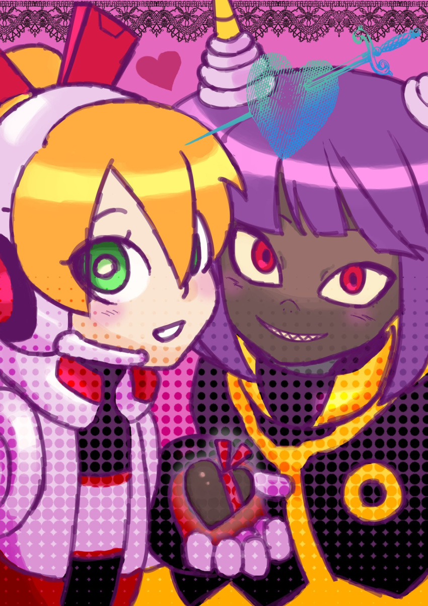 2girls arrow_through_heart black_cape blonde_hair blush bob_cut call_(mighty_no._9) candy cape chocolate commentary_request dark-skinned_female dark_skin dynatron_(mighty_no._9) fingerless_gloves food gloves green_eyes grin hair_between_eyes headphones headset heart heart-shaped_chocolate highres holding holding_chocolate holding_food horns jacket long_hair looking_at_viewer mighty_no._9 multicolored_clothes multicolored_jacket multiple_girls pink_background ponytail purple_hair red_eyes red_jacket robot robot_girl sharp_teeth short_hair simple_background smile sword takenokonoko teeth two-tone_cape two-tone_jacket valentine very_dark_skin weapon white_jacket yellow_cape yellow_horns