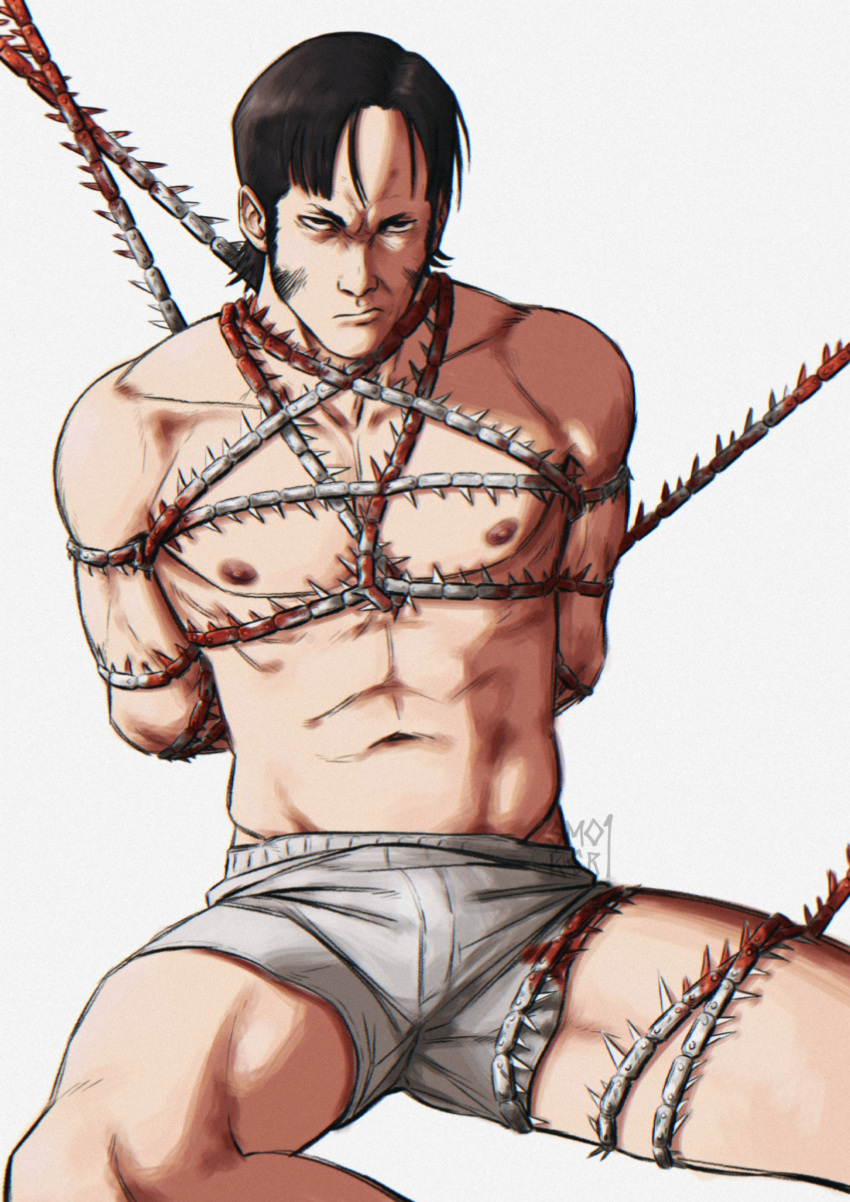 1boy abs absurdres arms_behind_back bara bdsm black_hair blood bondage bound boxers bulge chain chainsaw_man feet_out_of_frame frown highres katana_man_(chainsaw_man) long_sideburns looking_at_viewer male_focus male_underwear navel nipples parted_bangs pectorals short_hair sideburns sitting smokerichi solo spread_legs stomach thighs toned toned_male topless_male underwear white_male_underwear