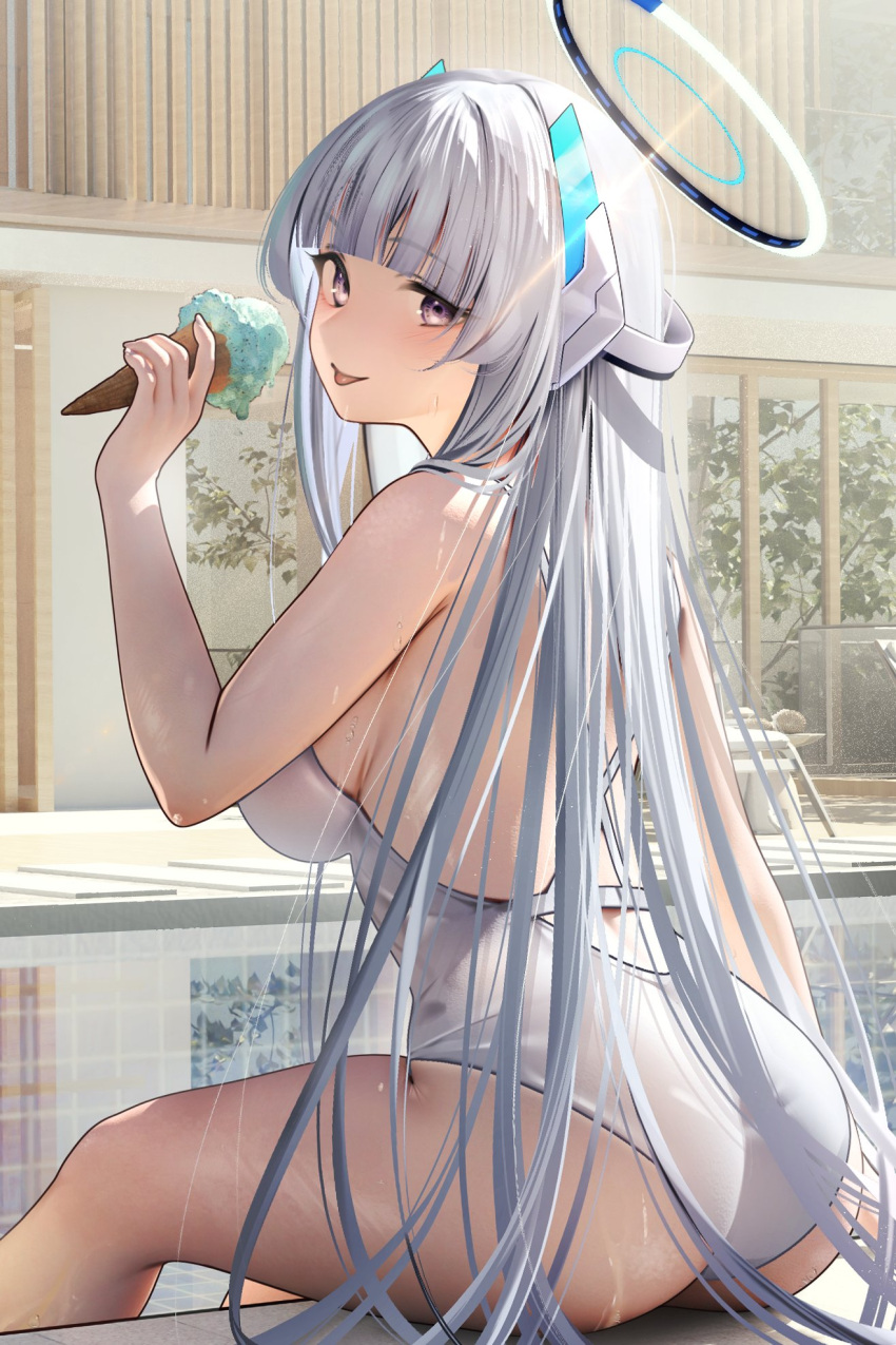 1girl ass back blue_archive blunt_bangs blush breasts food hair_ornament halo highres ice_cream ice_cream_cone large_breasts long_hair looking_at_viewer looking_back mechanical_halo nanaken_nana noa_(blue_archive) one-piece_swimsuit pool poolside purple_eyes sidelocks sitting smile solo swimsuit thighs tongue tongue_out very_long_hair white_hair white_one-piece_swimsuit