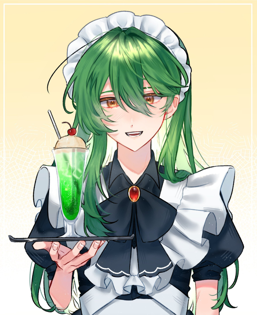 1boy apron black_bow black_bowtie black_dress blush bow bowtie brooch cherry dress drinking_straw food fruit gem glass green_hair highres holding holding_tray ice ice_cream ice_cube jewelry lobotomy_corporation long_hair maid_headdress male_focus netzach_(project_moon) out_of_character parted_lips project_moon puffy_short_sleeves puffy_sleeves red_gemstone short_sleeves shrimp_1437 smile solo tray very_long_hair white_apron yellow_eyes