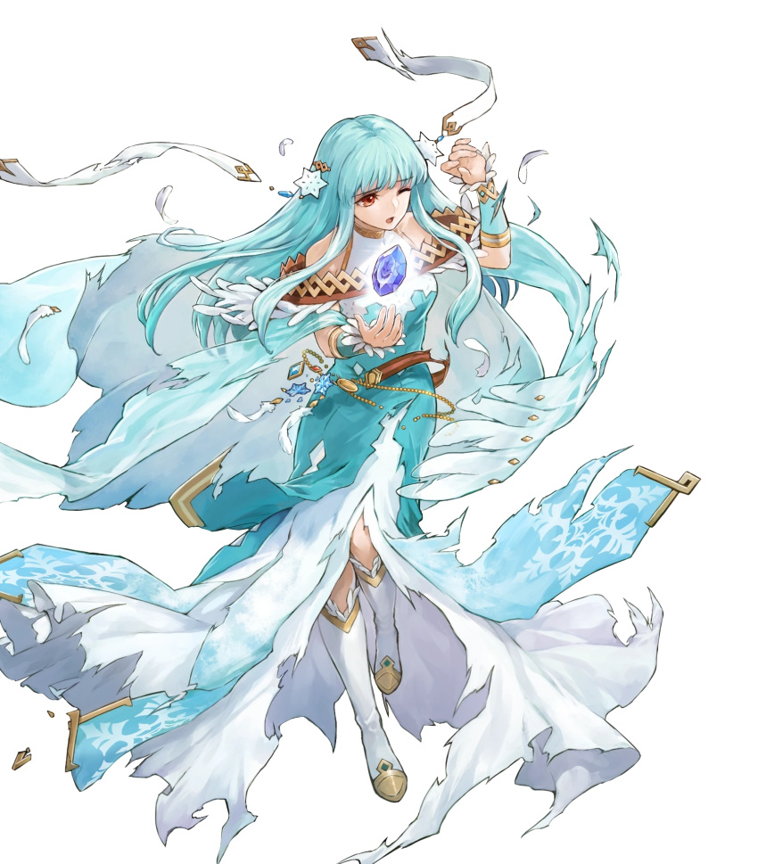 1girl bare_shoulders belt blue_hair breasts cape detached_sleeves dress feather_trim fire_emblem fire_emblem:_the_blazing_blade fire_emblem_heroes full_body gradient_clothes hair_ornament highres long_dress long_skirt medium_breasts ninian_(fire_emblem) non-web_source official_art red_eyes skirt solo transparent_background uroko_(mnr)