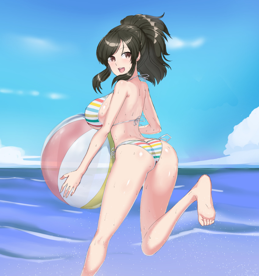 1girl ass asuka_(senran_kagura) ball bare_legs barefoot beach beachball bikini black_hair blue_sky breasts brown_eyes check_commentary cloud commentary commentary_request feet foot_out_of_frame highres holding holding_ball horizon jeaike_art legs looking_back ocean open_mouth ponytail rainbow_bikini running sea_spray senran_kagura senran_kagura_estival_versus senran_kagura_shinovi_versus shiny_skin sidelocks sky smile soles striped striped_bikini sweat swept_bangs swimsuit toes translucent water wet