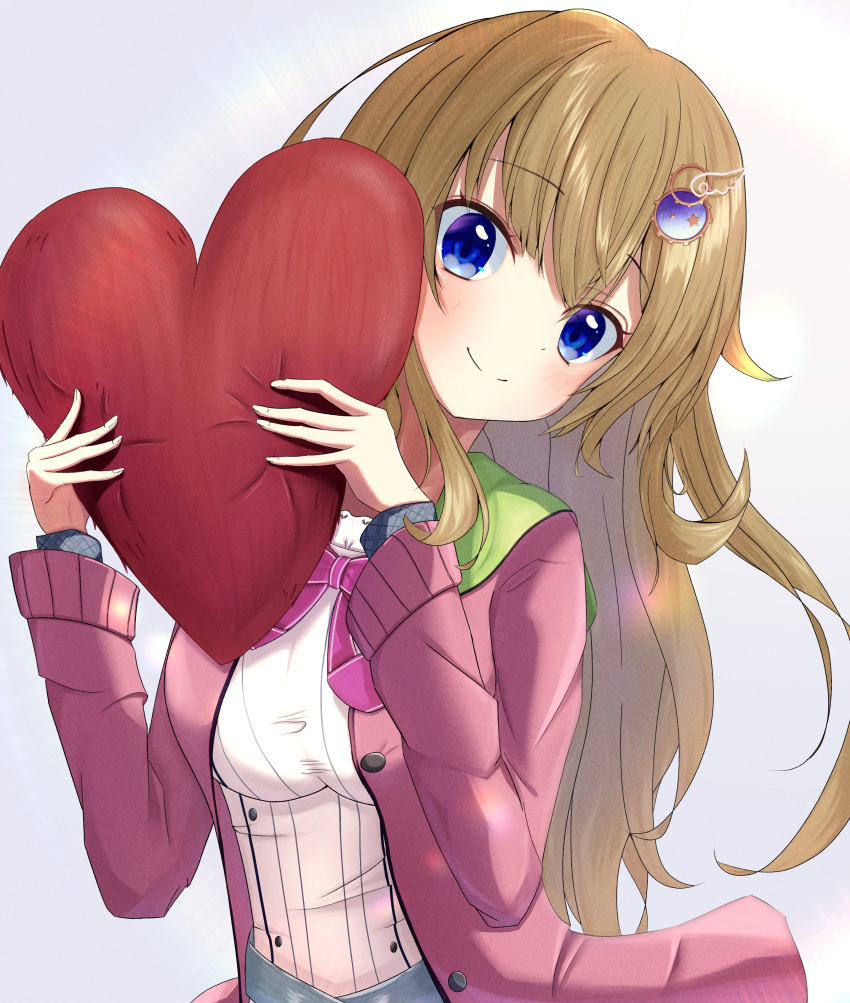 1girl 9-nine- absurdres blue_eyes blush breasts cardigan closed_mouth commentary_request eyelashes eyes_visible_through_hair gear_hair_ornament hair_between_eyes hands_up head_tilt heart heart_pillow highres holding holding_pillow kujou_miyako large_breasts light_brown_hair long_hair long_sleeves looking_at_viewer neck_ribbon open_cardigan open_clothes pillow pink_cardigan pink_ribbon ribbon school_uniform shirt sidelocks simple_background smile solo star_(symbol) takoyaki032002 upper_body very_long_hair wavy_hair white_background white_shirt wing_hair_ornament