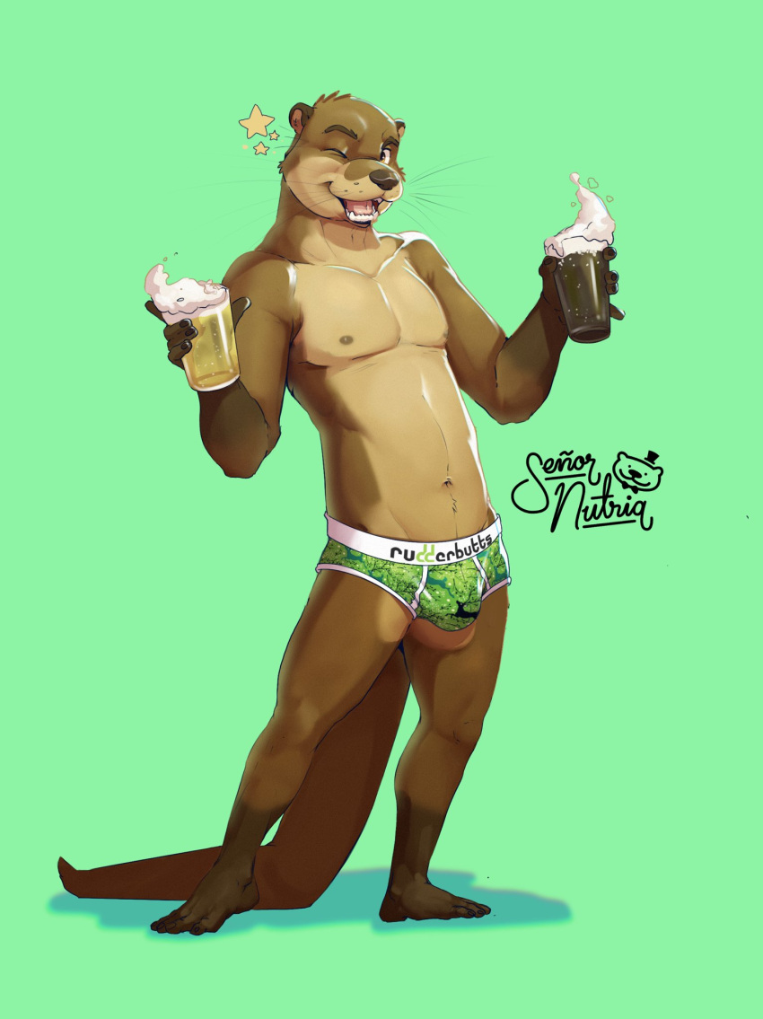 alcohol anthro beer beverage black_nose brown_body brown_eyes brown_fur bulge clothed clothing fur furry-specific_brand green_background hi_res looking_at_viewer male mammal mike_(rudderbutts) mustelid navel nipples one_eye_closed otter river_otter rudderbutts simple_background skrawl smile solo tail teeth text text_on_clothing underwear whiskers