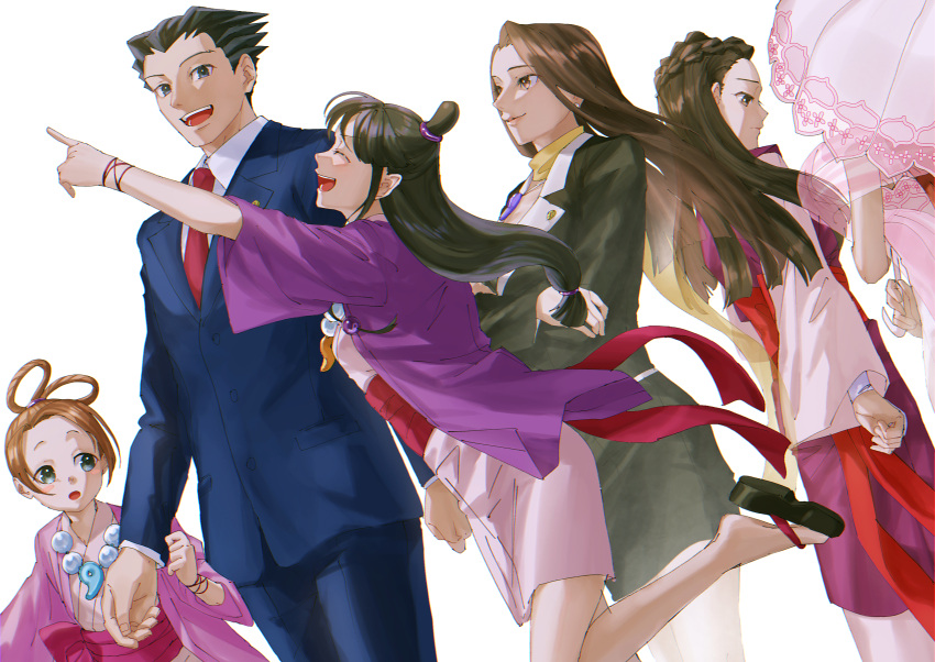 1boy 5girls :d :o absurdres ace_attorney arms_at_sides bead_necklace beads black_hair black_jacket black_skirt blue_eyes blue_jacket blue_pants blue_suit blush braid brown_hair buttons child closed_eyes closed_mouth collared_shirt crossed_arms crown_braid dahlia_hawthorne dutch_angle earrings from_behind from_side green_eyes hagoromo hair_rings happi head_out_of_frame highres iris_(ace_attorney) jacket japanese_clothes jewelry kimono lapel_pin lapels leg_up long_hair long_sleeves low-tied_long_hair low_tied_sidelocks magatama maya_fey mia_fey mole mole_under_eye multiple_girls necklace necktie no_socks obi open_mouth pants pearl_fey phoenix_wright pink_sash pink_shawl pocket pointing profile purple_jacket red_necktie red_sash sad sash shawl shirt short_kimono sidelocks simple_background skirt sleeves_past_elbows smile spiked_hair string_around_wrist suit suit_jacket teeth topknot umbrella upper_teeth_only very_long_hair white_background white_kimono white_shirt yymmawo_vv2