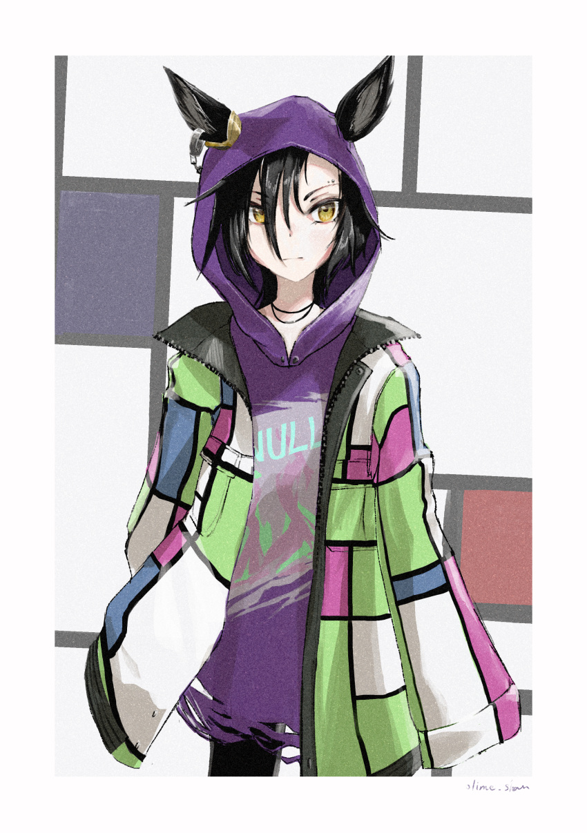 1girl absurdres air_shakur_(umamusume) alternate_costume androgynous animal_ears black_hair buttons closed_mouth cowboy_shot ear_chain ear_ornament ears_through_hood eyebrow_piercing hair_between_eyes highres hood hood_up hoodie horse_ears jacket jewelry leggings long_hair long_sleeves looking_at_viewer multicolored_clothes multicolored_jacket necklace olime_sian open_clothes open_jacket piercing sleeves_past_fingers sleeves_past_wrists solo umamusume unbuttoned unzipped yellow_eyes zipper
