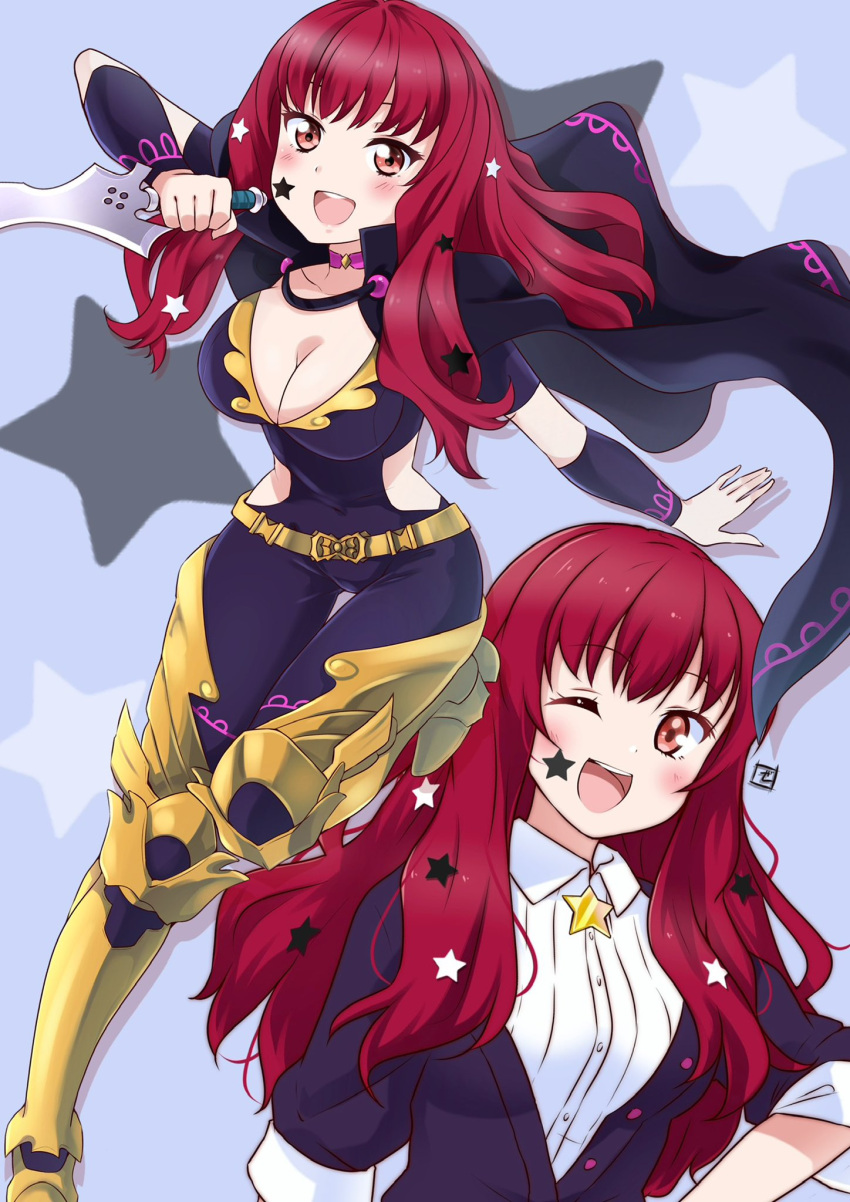 1girl :d belt bodysuit breasts cape cleavage cleavage_cutout clothing_cutout facial_mark fire_emblem fire_emblem_engage full_body hair_ornament highres holding holding_weapon long_hair looking_at_viewer official_alternate_costume red_eyes red_hair simple_background smile solo star_(symbol) star_hair_ornament teeth upper_teeth_only weapon yunaka_(fire_emblem) zero-theme