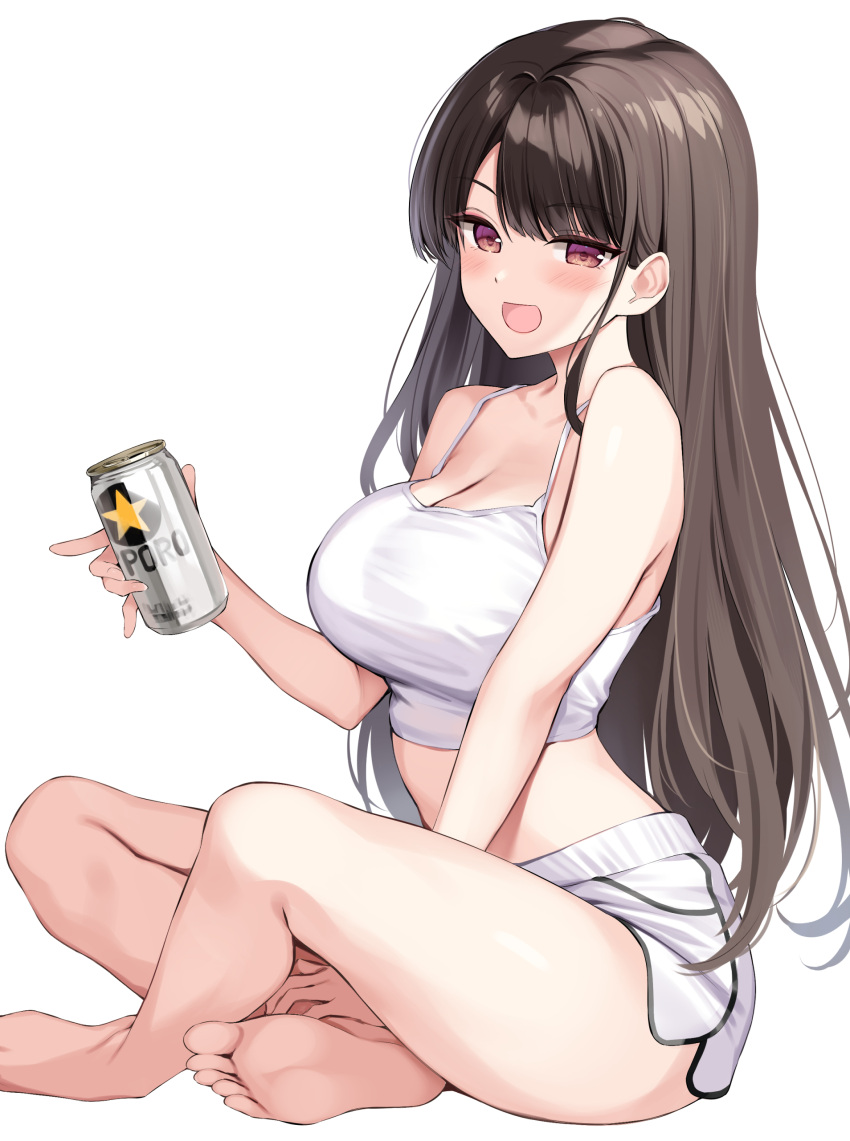 1girl absurdres bare_arms bare_legs bare_shoulders barefoot beer_can between_legs breasts brown_hair camisole can cleavage crop_top dolphin_shorts hand_between_legs highres holding holding_can indian_style large_breasts long_hair looking_at_viewer midriff open_mouth original oryo_(oryo04) red_eyes shirt short_shorts shorts sidelocks simple_background sitting sleeveless sleeveless_shirt smile solo spaghetti_strap taut_clothes taut_shirt thighs toes very_long_hair white_background white_shirt white_shorts