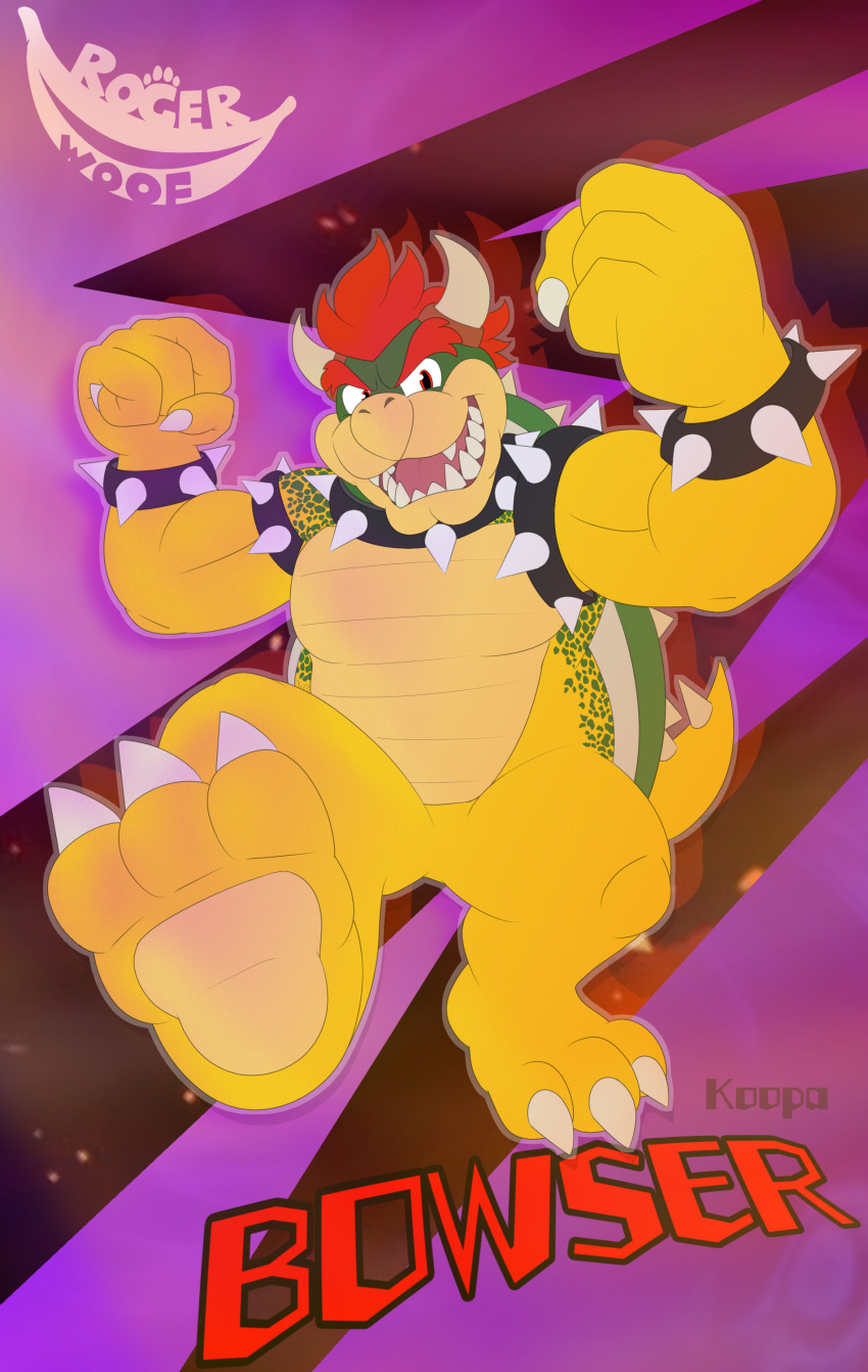 3_fingers absurd_res anthro background_text bowser bowser_day claws feet fingers fist hair hi_res horn koopa male mario_bros muscular nintendo open_mouth red_eyes red_hair reptile rogerwoof scalie shell silhouette solo spikes turtle yellow_body yellow_skin