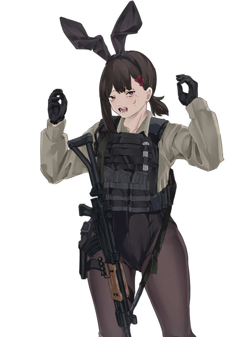 animal_ears arms_up assault_rifle black_corset black_gloves black_pantyhose brown_eyes brown_hair bulletproof_vest chainsaw_man chest_rig corset fake_animal_ears gloves grey_shirt gun gun_sling higashiyama_kobeni highres imi_galil long_sleeves looking_at_viewer magazine_(weapon) mutugorou_u pantyhose playboy_bunny rifle shirt weapon