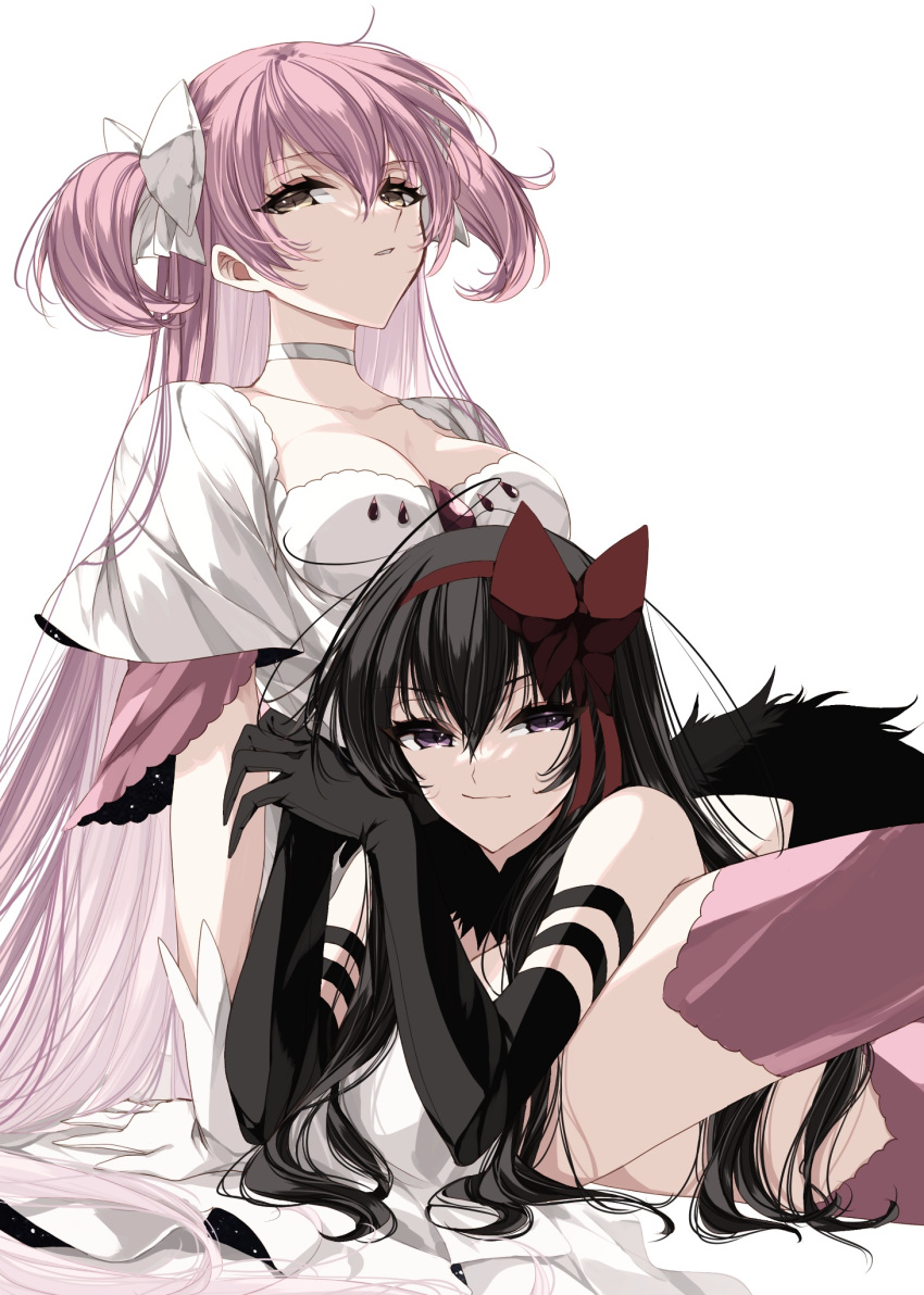 2girls akemi_homura akuma_homura bare_shoulders gloves hair_between_eyes hair_ribbon highres kaname_madoka long_hair looking_at_viewer mahou_shoujo_madoka_magica mahou_shoujo_madoka_magica:_hangyaku_no_monogatari misteor multiple_girls pink_hair purple_eyes ribbon smile ultimate_madoka white_background zettai_ryouiki