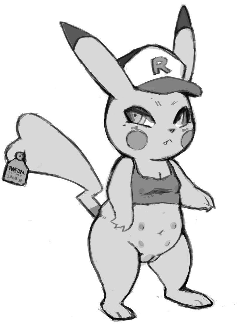 anthro clothing ear_tag female generation_1_pokemon hat headgear headwear hi_res markings mole_(marking) monochrome multi_nipple nintendo nipples piercing pikachu pokemon pokemon_(species) simple_background slightly_chubby solo topwear twentyfur