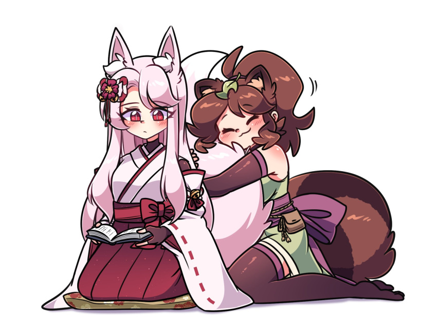 2girls animal_ears black_gloves blush book breasts brown_gloves brown_hair brown_thighhighs closed_eyes closed_mouth elbow_gloves fingerless_gloves fox_ears fox_girl fox_tail gloves highres holding holding_book hugging_another's_tail hugging_tail japanese_clothes leaf leaf_on_head littlecloudie long_hair medium_breasts miko multiple_girls original raccoon_ears raccoon_girl raccoon_tail red_eyes seiza short_hair short_ponytail simple_background sitting tail thighhighs wariza white_background white_hair