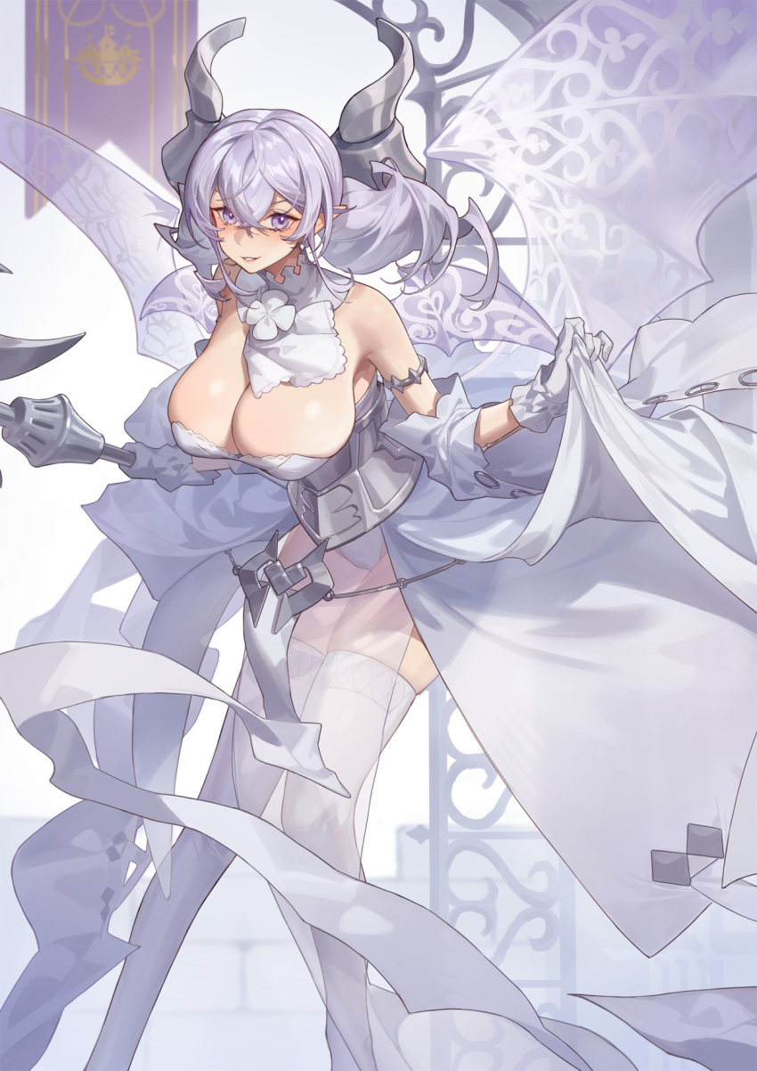 1girl breasts cleavage clothes_lift demon_girl demon_horns demon_wings detached_sleeves dress dress_lift duel_monster gloves grey_dress grey_eyes grey_hair highres holding holding_polearm holding_weapon horns knees_together_feet_apart large_breasts long_sleeves lovely_labrynth_of_the_silver_castle low_wings polearm red_cucumber see-through see-through_dress solo thighhighs twintails weapon white_dress white_gloves wings yu-gi-oh!