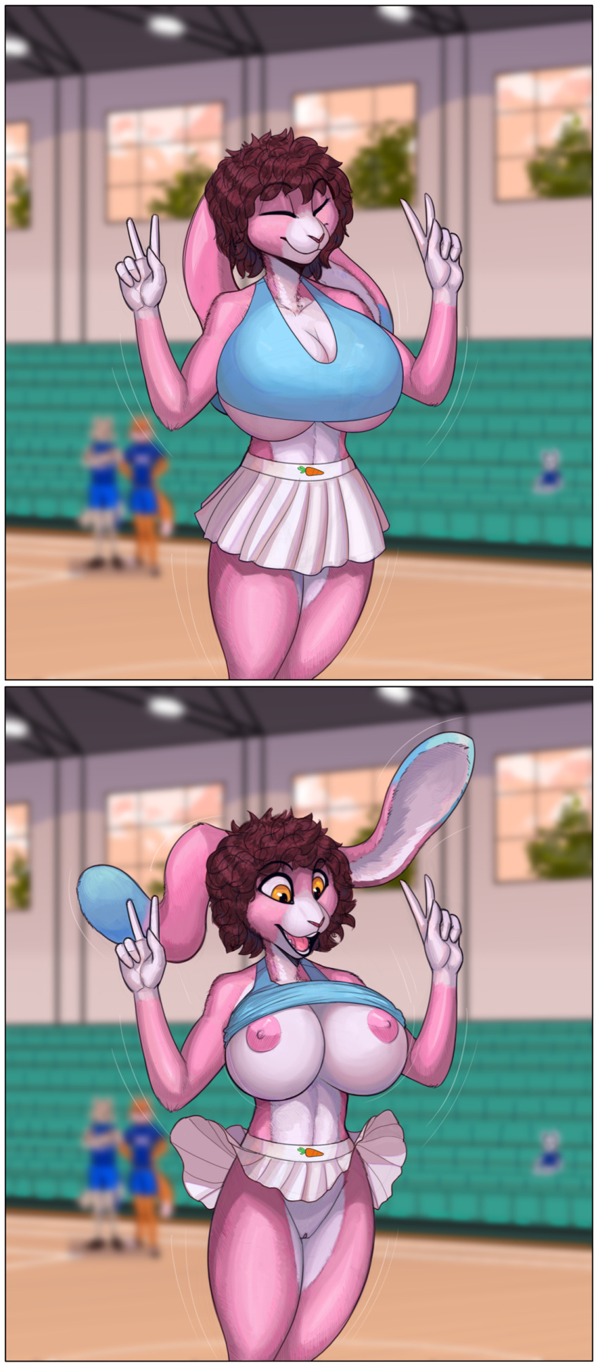 absurd_res accidental_exposure anthro background_character big_breasts blurred_background bottomwear breasts brown_hair carrot cheering cheerleading_pose clothed clothing clothing_lift crop_top curled_hair detailed_background exhibitionism exposed_breasts falling female floppy_ears food gesture hair hi_res jumping lagomorph leporid mammal mortarionlordofdeath no_underwear pink_body plant public public_nudity rabbit raised_bottomwear raised_clothing raised_skirt remmybunny shirt skimpy skirt skirt_lift solo surprise surprised_expression topwear under_boob v_sign vegetable wardrobe_malfunction white_bottomwear white_clothing white_skirt