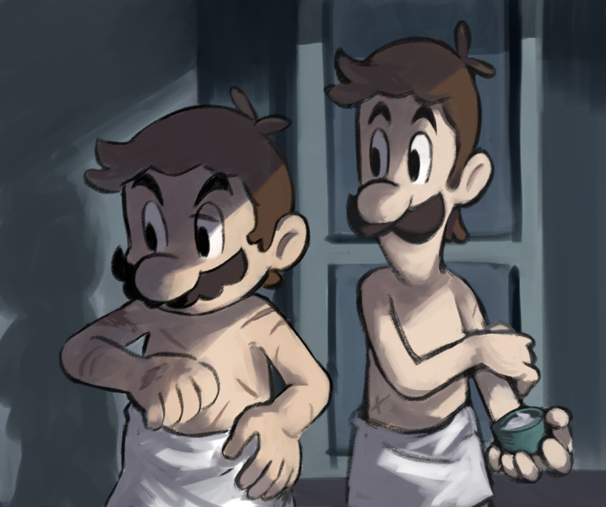 2boys brothers brown_hair facial_hair indoors luigi male_focus mari_luijiroh mario mario_&amp;_luigi_rpg mario_(series) masanori_sato_(style) multiple_boys mustache scar short_hair siblings topless_male towel_around_waist white_towel