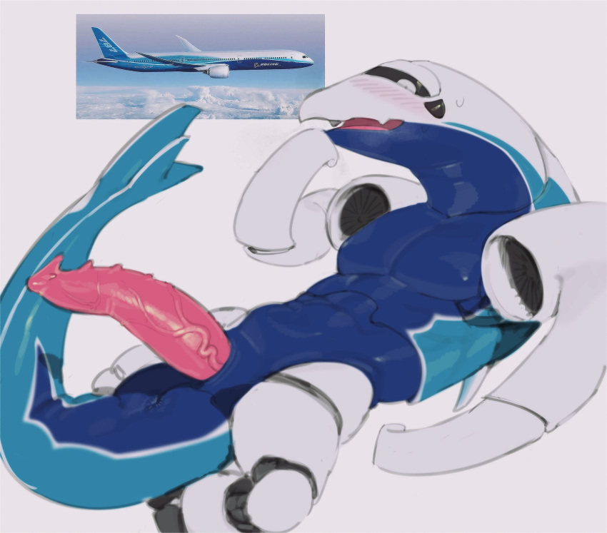 2023 abs aircraft animal_genitalia anthro anus blue_body blush bodily_fluids digital_media_(artwork) erection fin flying_sweatdrops genital_slit genitals hi_res kogito living_aircraft living_airplane living_machine living_vehicle machine male muscular muscular_anthro muscular_male nude open_mouth open_smile pecs penis reference_image robot simple_background slit smile solo sweat sweatdrop tongue vehicle vein veiny_penis white_background white_body