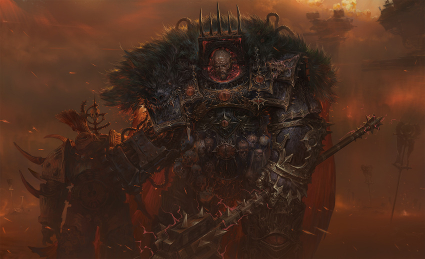 1boy armor bald black_armor black_fur cape chaos_(warhammer) corpse daemon_prince gold_trim highres holding holding_mace horus_lupercal lost_primarchs mace ornate_armor pelt plume power_armor primarch red_aura red_cape red_eyes red_lightning skinned skull spiked_armor spiked_mace spikes tube warhammer_40k weapon wolf_pelt yuhang