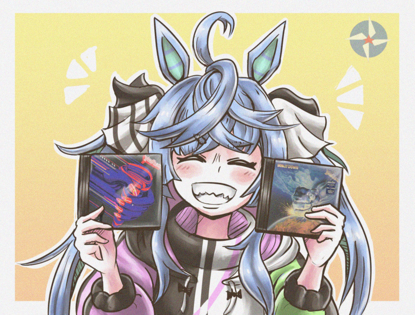 1girl ^_^ absurdres ahoge animal_ears blue_hair blush border bow cd_case closed_eyes crossed_bangs english_commentary film_grain gradient_background grin hair_bow hands_up highres holding hood hoodie horse_ears horse_girl judas_priest long_hair long_sleeves multicolored_clothes multicolored_hoodie notice_lines outline outside_border sharp_teeth sidelocks smile solo striped striped_bow takashi_romanov teeth twin_turbo_(umamusume) twintails umamusume white_border white_outline yellow_background