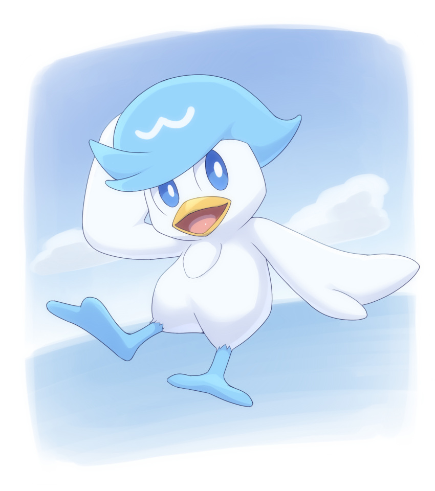 2022 ambiguous_gender artist_name avian beak biped blue_eyes blue_legs cloud detailed_background feathered_wings feathers feral flying generation_9_pokemon hi_res kajinchu multicolored_body nintendo open_mouth open_smile pokemon pokemon_(species) pupils quaxly sea shaded simple_shading sky smile solo suspended_in_midair tongue water white_body white_feathers white_pupils wings yellow_beak