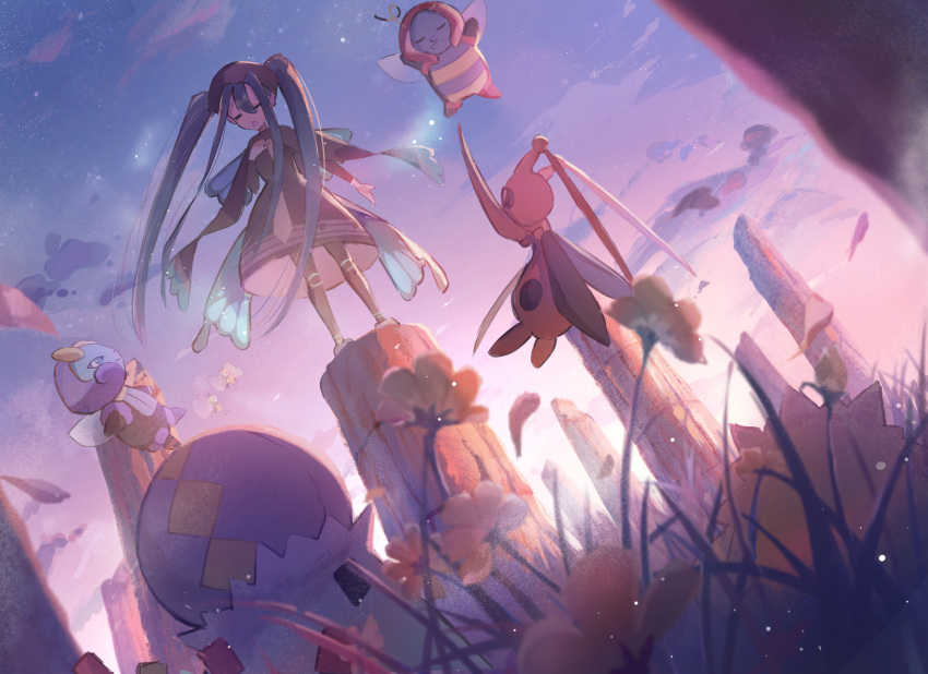 1girl :o absurdres anzu_(v0_0v_o0) blurry blurry_foreground bug_miku_(project_voltage) cloud commentary_request dress falling_petals flower from_below grass hair_between_eyes hat hatsune_miku highres illumise kricketune long_sleeves necktie open_mouth outdoors pantyhose petals pillar pokemon pokemon_(creature) project_voltage ribombee shoes sky spewpa standing twintails vocaloid volbeat yellow_flower