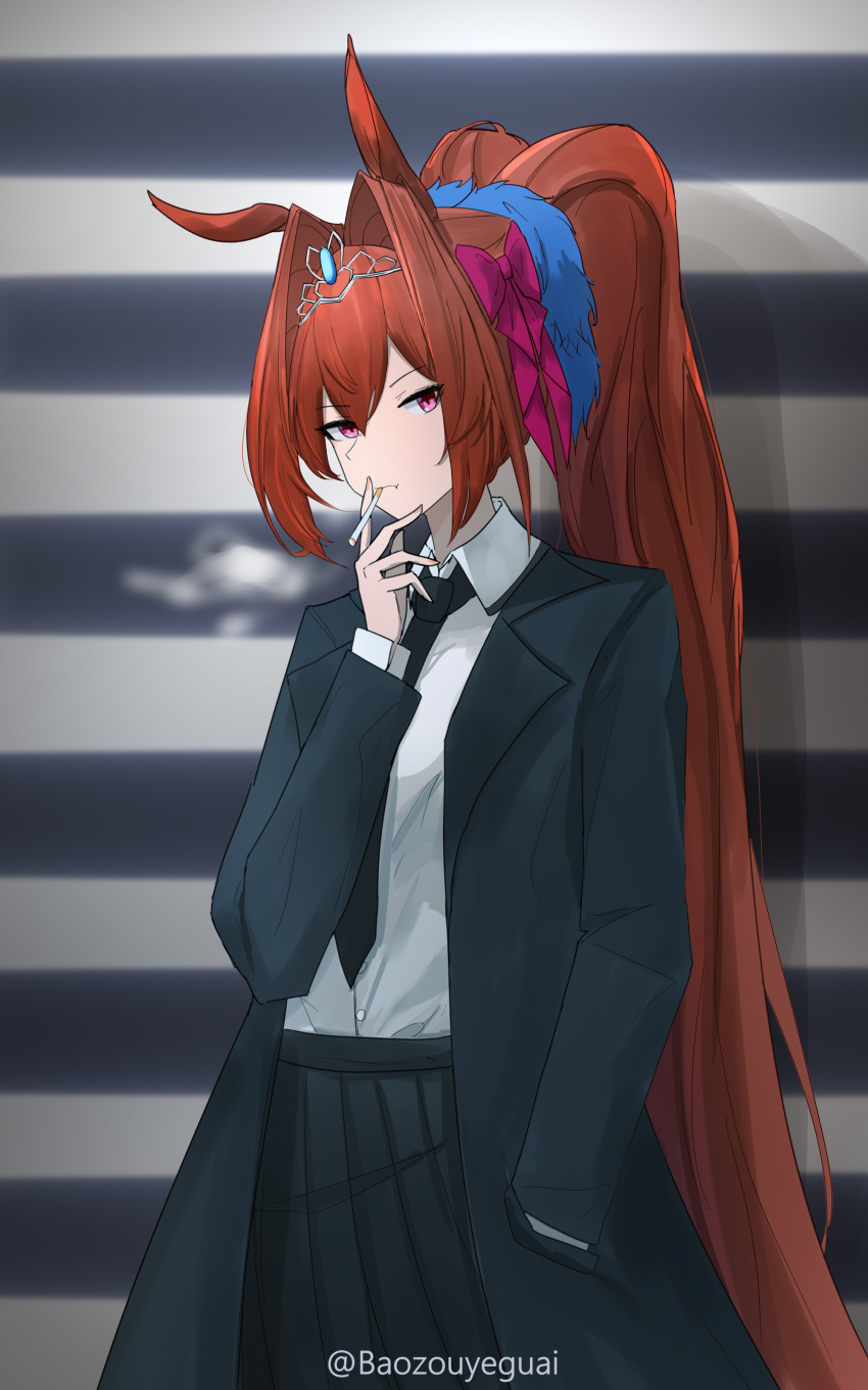 1girl absurdres against_wall alternate_costume alternate_hairstyle animal_ears baozouyeguai black_jacket black_necktie black_skirt bow closed_mouth collared_shirt commentary_request cowboy_shot daiwa_scarlet_(umamusume) delinquent fang hair_between_eyes hair_bow hair_intakes hand_in_pocket highres horse_ears horse_girl jacket long_hair long_sleeves looking_at_viewer necktie open_clothes open_jacket pink_bow ponytail red_eyes red_hair school_uniform shadow shirt skin_fang skirt smoking solo striped_wall sukeban tiara tobacco twitter_username umamusume very_long_hair white_shirt