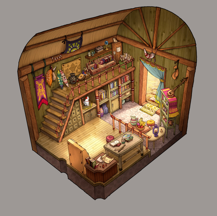 absurdres banana banner book bookshelf bowl cat circle0121 desk floorplan food fruit fruit_bowl highres indoors instrument lantern lute_(instrument) map no_humans original paper pitcher_(container) railing rug scenery scroll shelf stairs stick stool table vase