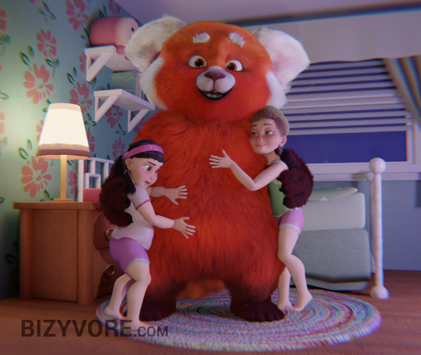 2023 3d_(artwork) abby_park_(turning_red) ailurid bed bedroom bizyvore child digital_media_(artwork) disney feet female furniture group human looking_back mammal meilin_lee_(turning_red) miriam_mendelsohn_(turning_red) pixar red_panda size_difference trio turning_red young