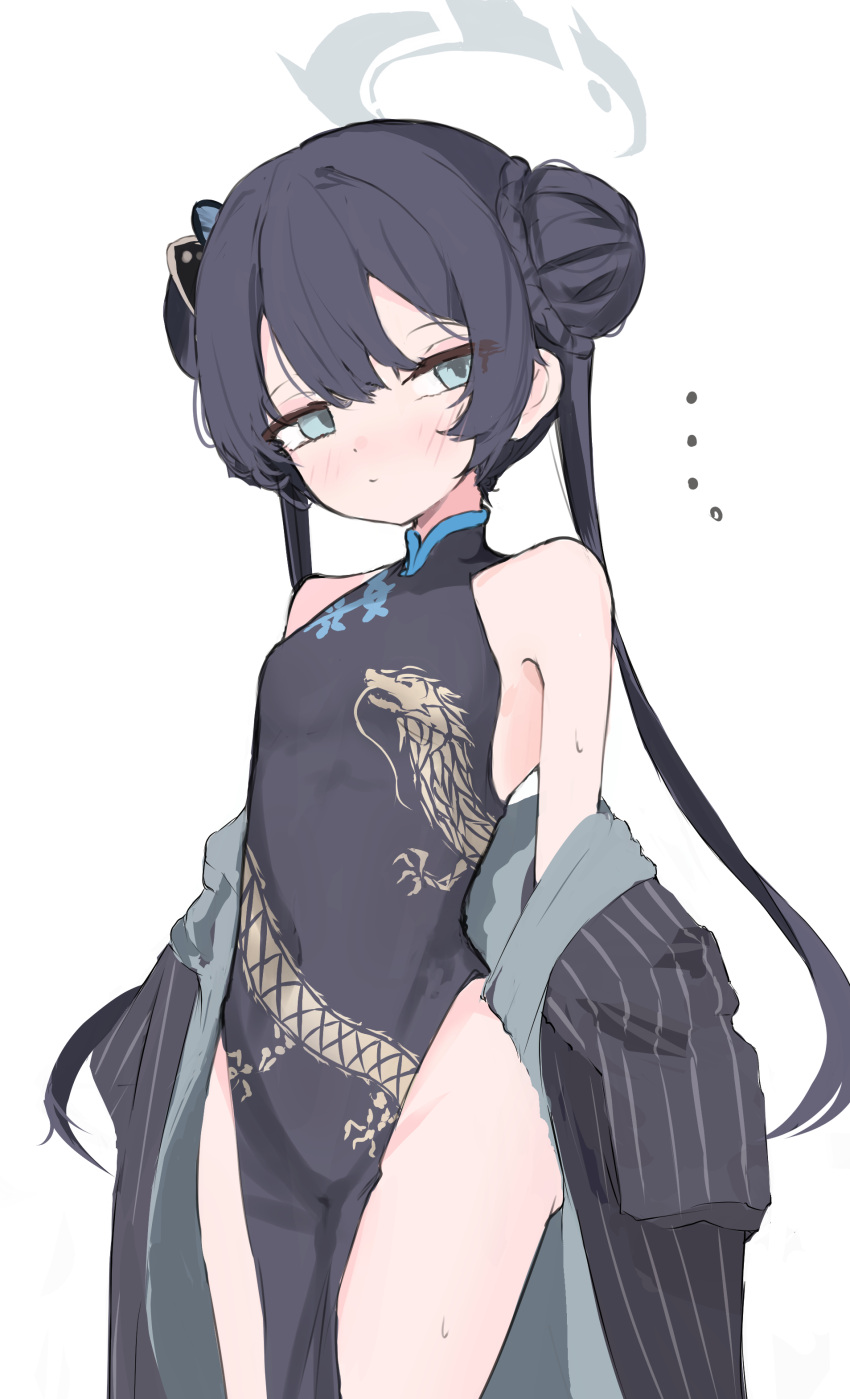 1girl absurdres bare_shoulders black_dress black_hair black_jacket blue_archive blue_eyes breasts butterfly_hair_ornament china_dress chinese_clothes commentary_request double_bun dragon_print dress hair_bun hair_ornament highres jacket kisaki_(blue_archive) long_hair nyashiro_(sgylk) pelvic_curtain print_dress simple_background small_breasts solo striped striped_jacket twintails vertical-striped_jacket vertical_stripes white_background