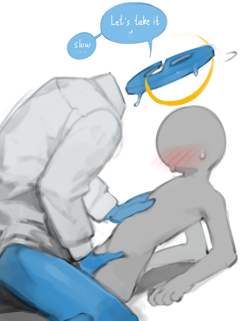 absurd_res alternate_species ambiguous_gender anon blue_body blue_skin blush bodily_fluids bottomless clothed clothing dialogue duo featureless_face for_a_head grey_body grey_skin hi_res human humanoid humanoidized internet_explorer internet_explorer_(character) kogito living_logo mammal microsoft not_furry nude object_head shirt size_difference speech_bubble sweat topwear