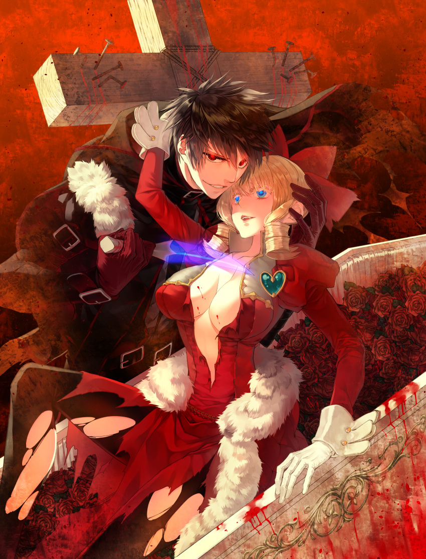 1boy 1girl absurdres aqua_gemstone arm_support arm_up at_knifepoint belt belt_buckle black_belt black_gloves black_hair black_pantyhose black_robe blonde_hair blood blood_on_breasts blue_eyes blue_pupils breasts buckle casket check_commentary cleavage collarbone commentary commentary_request cover cover_image cross dagger dress evil_grin evil_smile feet_out_of_frame flower fukushuu_wo_koinegau_saikyou_yuusha_wa_yami_no_chikara_de_senmetsu_musou_suru fur-trimmed_dress fur_trim gem gloves grin hair_between_eyes hair_ribbon half-closed_eye hand_on_another's_ear hand_on_another's_head hands_up heart heart-shaped_gem hetero highres holding holding_dagger holding_knife holding_weapon hood hood_down hooded_robe knee_up knife large_breasts large_cross layered_dress leaning_forward long_dress long_hair long_sleeves looking_at_another looking_at_viewer multiple_belts nail official_art pantyhose parted_lips plunging_neckline princess_victoria_(fukushuu_wo_koinegau_saikyou_yuusha_wa_yami_no_chikara_de_senmetsu_musou_suru) puffy_long_sleeves puffy_sleeves raoul_evans reclining red_background red_dress red_eyes red_flower red_ribbon red_rose red_theme reverse_grip ribbon ringlets robe rose sakamoto_akira short_hair sideways_glance sleeve_cuffs smile teeth textless_version torn_clothes torn_dress torn_pantyhose transparent_weapon upper_teeth_only weapon white_gloves