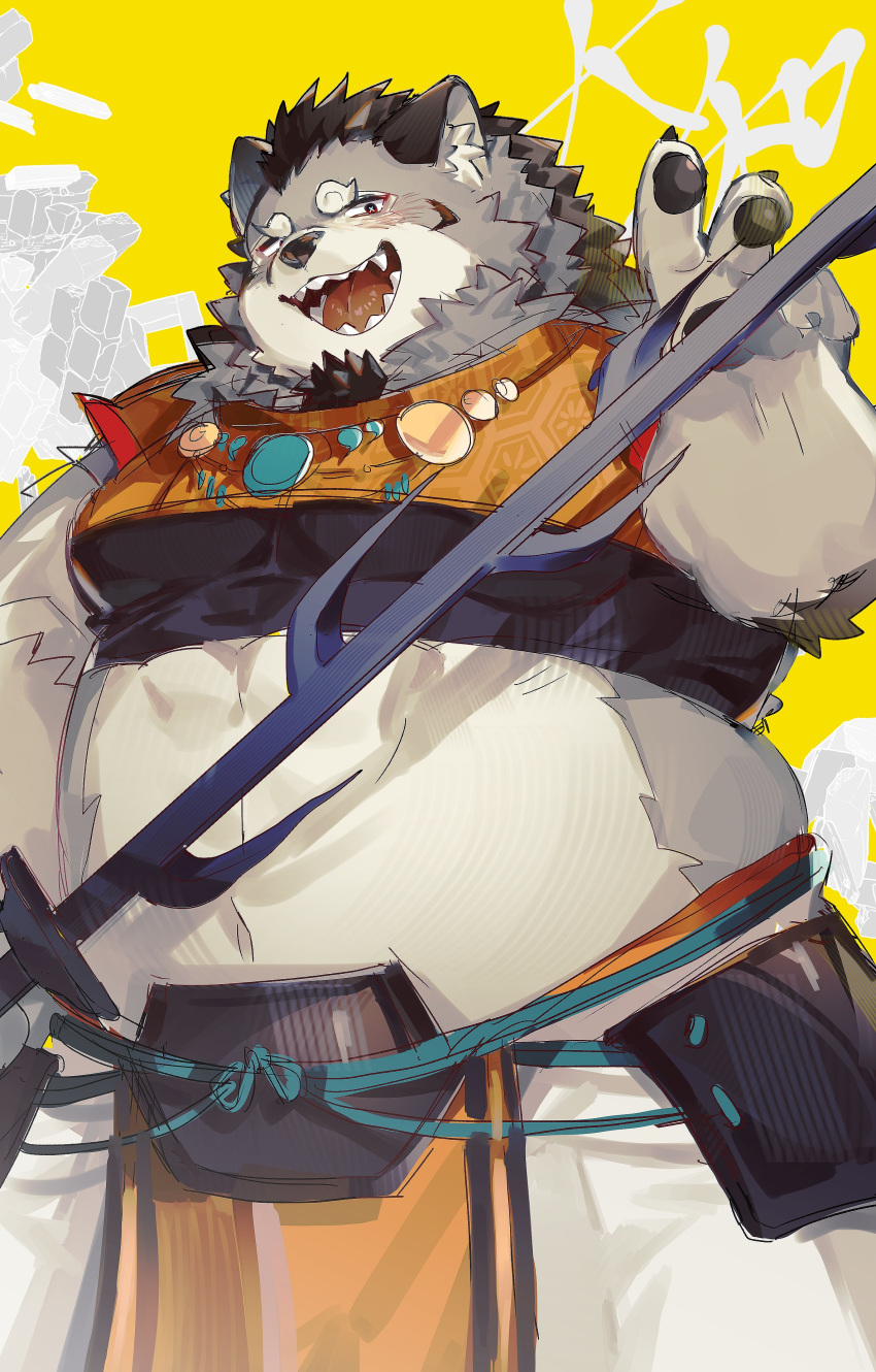 1boy absurdres animal_ears bara blush character_name claws crop_top fangs fat furry furry_male hashtag_only_commentary highres holding holding_sword holding_weapon japanese_clothes kurotero looking_at_viewer male_focus muscular open_mouth pawpads sword tamacolle weapon wolf_boy wolf_ears yamato_(tamacolle) yellow_background