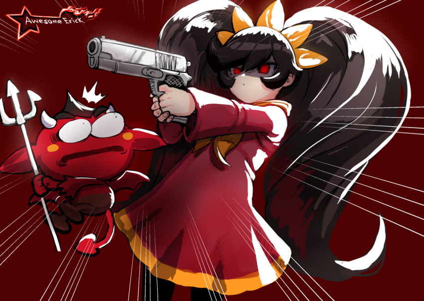 1girl artist_logo ashley_(warioware) awesomeerix big_hair black_hair black_pantyhose bow bowtie character_request commentary cowboy_shot demon dress english_commentary gun hair_ornament handgun holding long_hair long_sleeves looking_to_the_side m1911 orange_bow orange_bowtie outstretched_arms pantyhose pointing_gun red_background red_dress red_eyes shaded_face sidelocks swept_bangs twintails very_long_hair warioware weapon