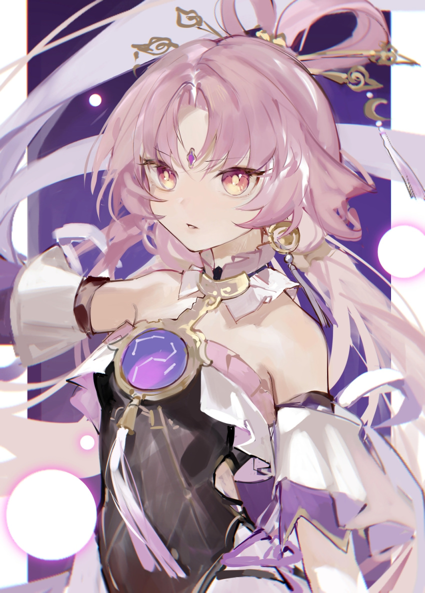 1girl arm_up bare_shoulders black_dress bow-shaped_hair constellation detached_sleeves dress earrings forehead_jewel fu_xuan_(honkai:_star_rail) gradient_eyes hair_ornament hair_stick highres honkai:_star_rail honkai_(series) jewelry long_hair looking_at_viewer multicolored_eyes parted_bangs parted_lips pink_eyes pink_hair pink_tassel single_earring solo tassel tassel_earrings tassel_hair_ornament upper_body yinro