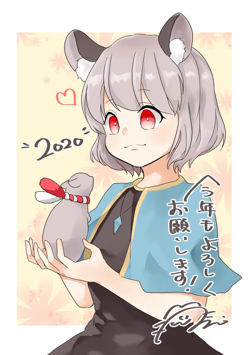 1girl 2020 adapted_costume animal animal_ear_fluff animal_ears black_dress blue_capelet border capelet chinese_zodiac closed_mouth crystal dress grey_hair heart highres holding holding_animal jewelry light_smile looking_at_animal miyangoroge mouse mouse_ears mouse_girl nazrin pendant red_eyes short_hair signature simple_background solo touhou white_border year_of_the_rat yellow_background