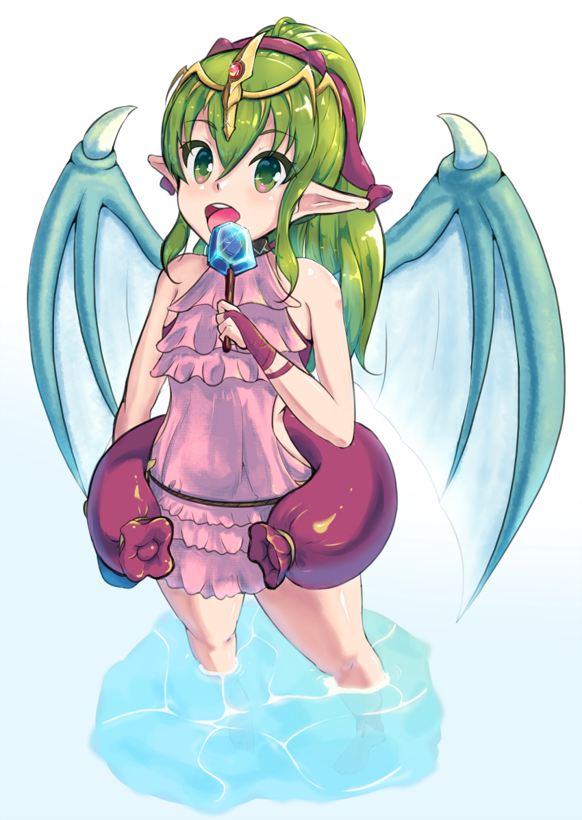 1girl absurdres armpit_crease bandages blue_background crossed_bangs dot_nose double-parted_bangs dragon_wings dress eating english_commentary fire_emblem fire_emblem:_shadow_dragon food frilled_dress frills gem gradient_background green_eyes green_hair hair_between_eyes headband highres ice_cream keldancon long_hair looking_at_viewer open_mouth partially_submerged pink_dress pointy_ears ponytail red_gemstone red_headband side_slit sidelocks simple_background sleeveless sleeveless_dress solo teeth tiara tiki_(fire_emblem) tiki_(young)_(fire_emblem) upper_teeth_only water white_background wings