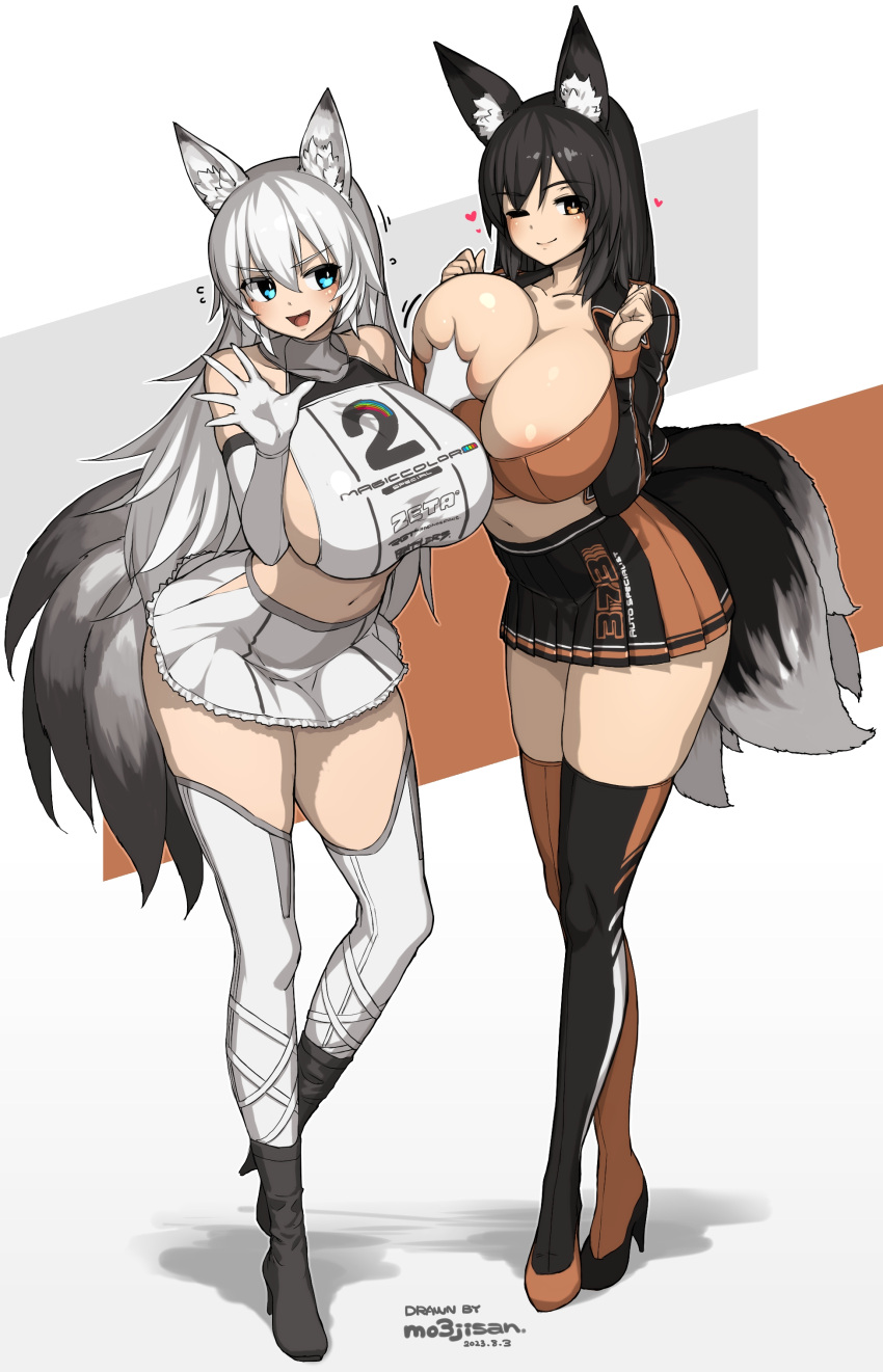 &gt;:) 2girls absurdres animal_ear_fluff animal_ears areola_slip asymmetrical_legwear bare_shoulders black_hair black_thighhighs blue_eyes breasts cleavage commission crop_top dated deep_skin elbow_gloves fox_ears fox_girl fox_tail gloves grabbing grabbing_another's_breast heart high_heels highres long_hair makino_momiji_(artist) microskirt midriff mismatched_legwear multiple_girls multiple_tails one_eye_closed open_mouth orange_thighhighs original race_queen shirt shrug_(clothing) sideboob signature simple_background skeb_commission skirt sleeveless sleeveless_shirt smile tail thighhighs v-shaped_eyebrows very_long_hair white_gloves white_hair white_thighhighs yellow_eyes zettai_ryouiki