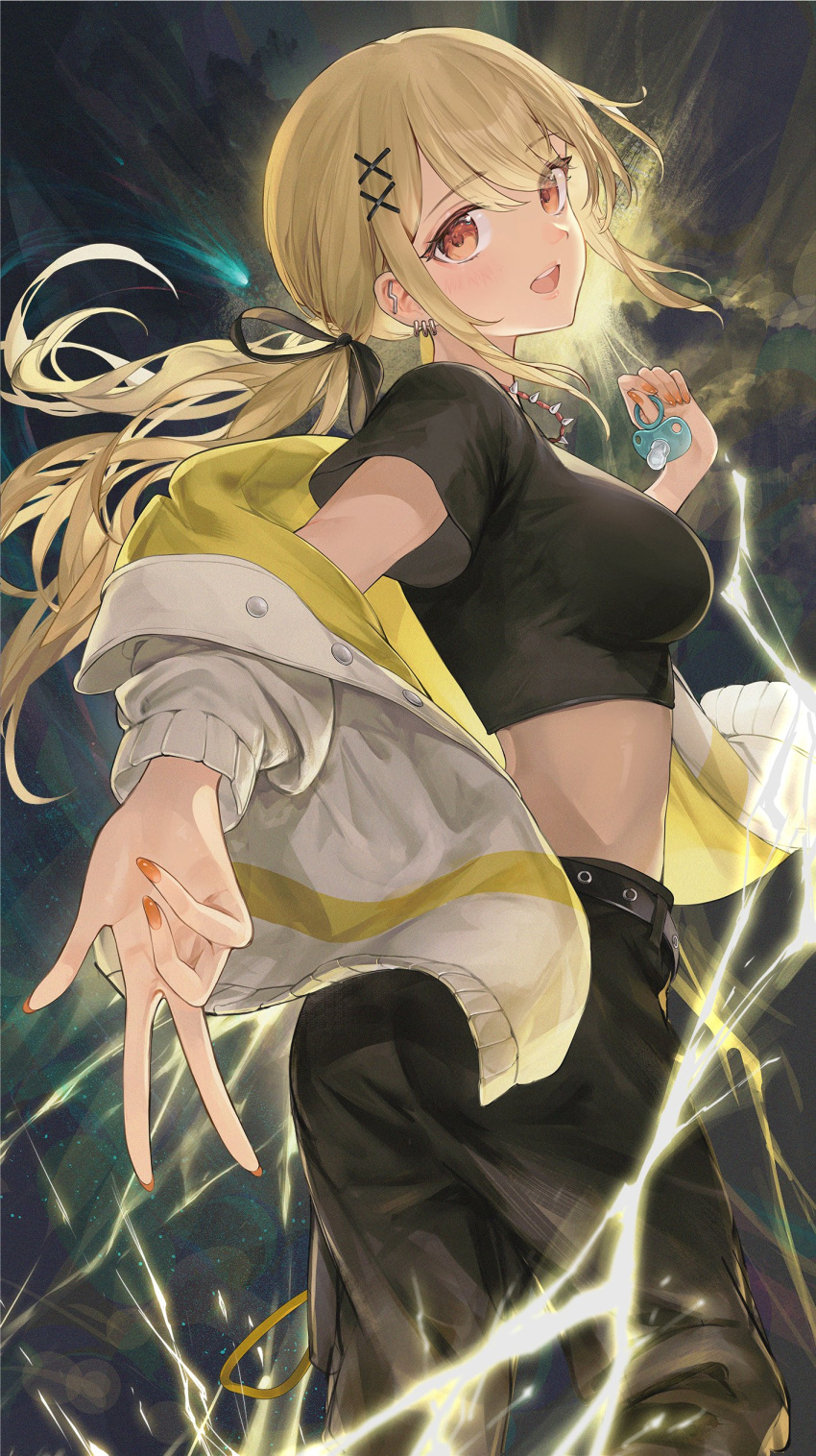 1girl absurdres belt black_belt black_pants black_ribbon black_shirt blonde_hair blush bolt brown_eyes cropped_shirt earrings electricity hair_ornament hair_ribbon highres holding_pacifier jacket jewelry kaminari_qpi looking_at_viewer nakashima_(pluscolor) official_art open_mouth orange_nails pacifier pants ribbon shirt sidelocks solo spiked_necklace swept_bangs teeth twintails two-sided_fabric two-sided_jacket upper_teeth_only virtual_youtuber vspo! white_jacket x_hair_ornament yellow_jacket
