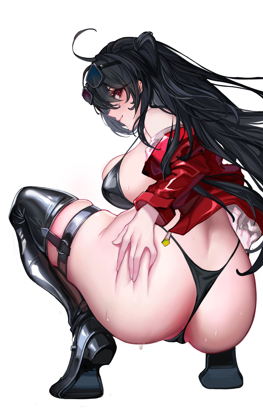 1girl absurdres ahoge alternate_costume anus anus_peek ass ass_grab azur_lane back bare_shoulders bikini black_bikini black_footwear black_hair black_thighhighs blush boots breasts deep_skin eyewear_on_head full_body gloves grabbing_own_ass groping hair_between_eyes hand_on_own_ass high_heels highleg highleg_bikini highleg_swimsuit highres jacket large_breasts long_hair looking_at_viewer looking_back off_shoulder one_side_up race_queen red_eyes red_jacket shoes simple_background skindentation smile solo squatting sun sunglasses sweat swimsuit taihou_(azur_lane) taihou_(enraptured_companion)_(azur_lane) thigh_boots thigh_strap thighhighs thighs thong thong_bikini very_long_hair white_background yaoshan_shi